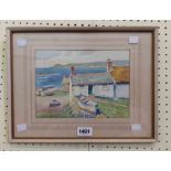J. Heseldin: a framed watercolour, depicting a seaside cottage with fishing boats and cliffs in