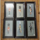 Caran Rouge: a set of six early 20th Century ebonised framed watercolours, each depicting men in