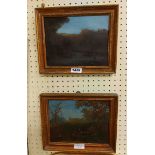 A pair of antique gilt framed small format oils on panel, one depicting a woodland landscape, the