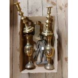 A small box containing a quantity of assorted brassware including Victorian candlesticks, Chinese