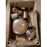 A box containing a quantity of assorted metalware including copper kettle, brass bell, etc.