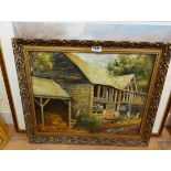 Colin Grainger: a gilt framed oil on canvas entitled 'Glan Elan Barn, Rhayader' - with label verso -