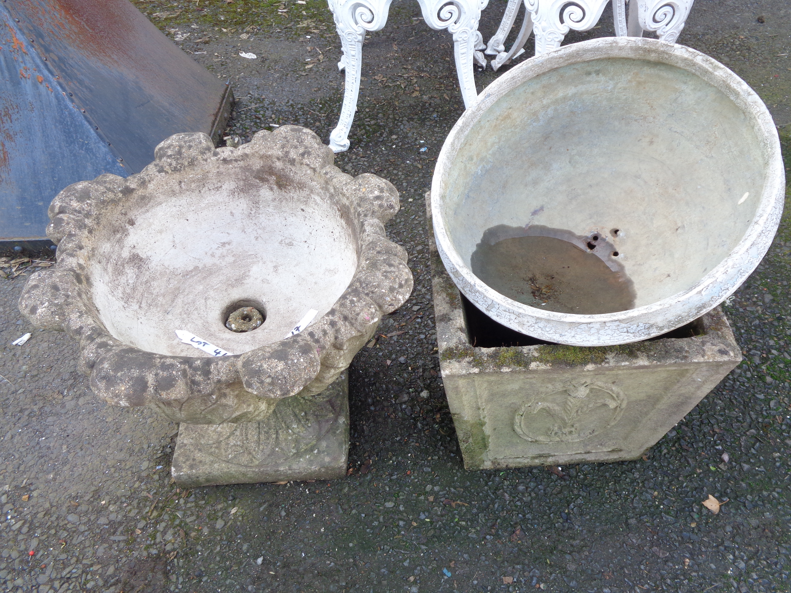 A concrete pedestal urn - sold with a concrete planter and a metal bowl