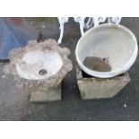 A concrete pedestal urn - sold with a concrete planter and a metal bowl