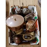 Two boxes containing a quantity of assorted metalware including copper kettles, copper table gong,
