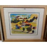 H. Hesse: a framed large format coloured print, depicting a stylised continental landscape with