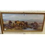 Tom Rowden: a gilt framed watercolour, depicting Exmoor ponies watering and with hills in distance -