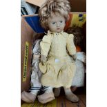 A box containing five assorted vintage dolls comprising two Chad Valley Bambina felt body