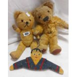 Two old teddy bears - sold with a painted child's coat hanger