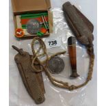 A bag containing a quantity of assorted collectable items including two military pen knives, agate