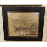 An ebonised wood framed pen and ink sketch, depicting a view of Haldon, Devon with pheasants in