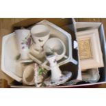 Two boxes containing a quantity of assorted ceramic items including Hammersley violet decorated