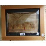 A framed African collage picture formed from bark and natural materials, depicting figures around