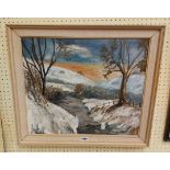 Nancy Smallwood: a painted wood and hessian framed oil on board, depicting a rural track in a winter