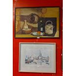 A framed oil on board still life with various items and fruit on a dish - sold with a framed