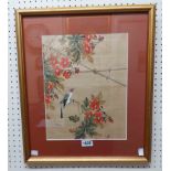 A gilt framed late Chinese painting on textile, depicting a perching bird and flowering branches