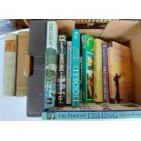 A box containing a collection of fishing related books including The Complete Angler: by Walton &