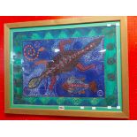 A framed modern aboriginal acrylic painting, depicting a lizard, snake and fish within a decorated