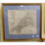 J. & C. Walker: a gilt framed antique partially hand coloured map print of Cornwall - sold with