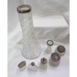 A silver rimmed hobnail cut glass vase - sold with various silver and white metal topped glass