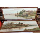 Daniel Sherrin: a pair of framed panoramic watercolours, both depicting East England waterway scenes