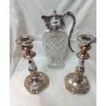 A late Victorian hobnail cut glass claret jug with engraved decoration to plated mount and cast vine