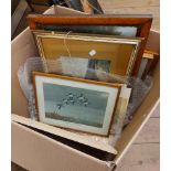 A box containing a selection of pictures and prints including a maple framed Pears style print,