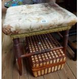 A Victorian mahogany framed dressing stool with floral tapestry upholstered seat, set on ring turned
