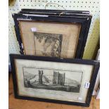 Five matching framed antique monochrome prints, all depicting views of castles in Brecknock -