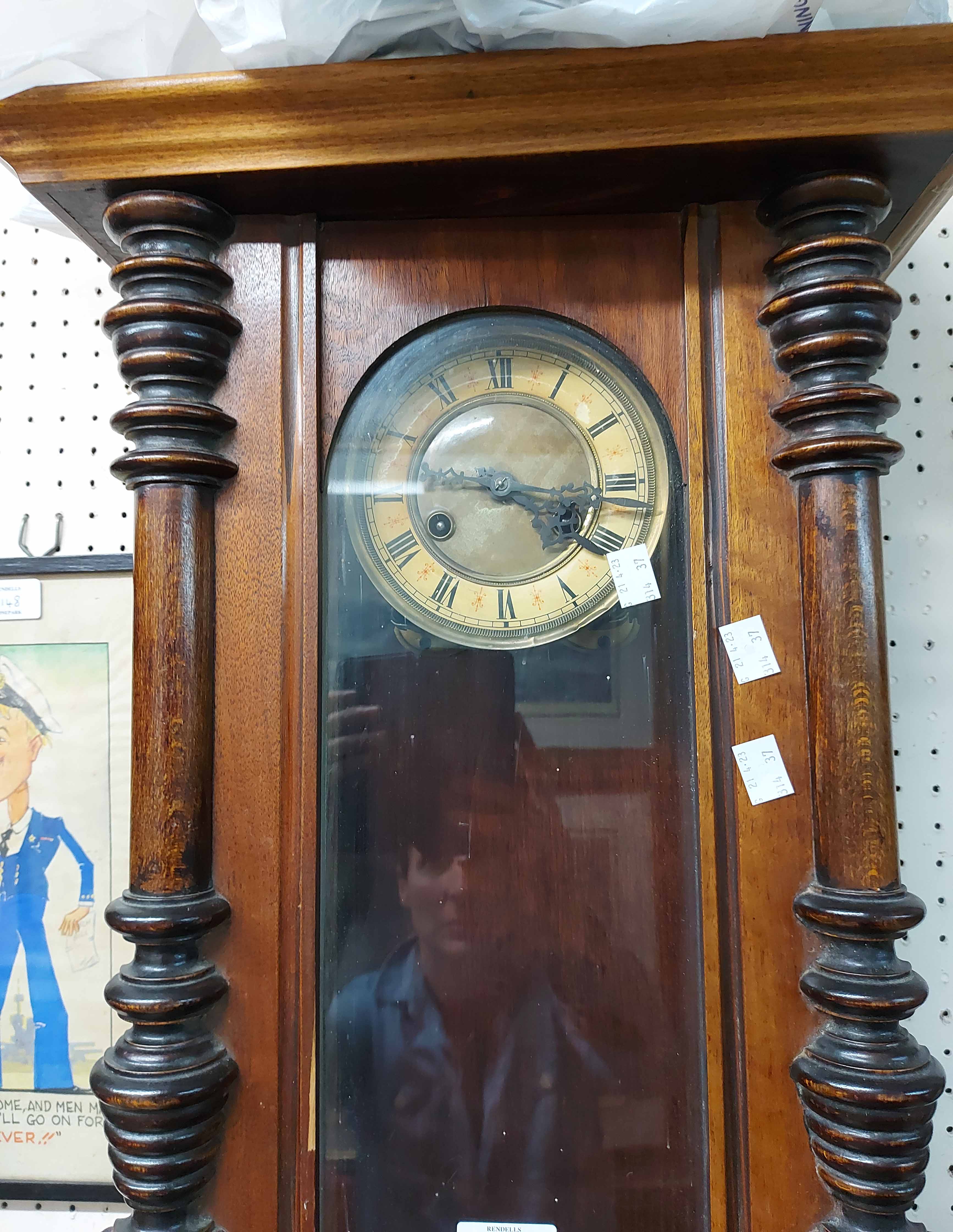 An early 20th Century stained walnut cased Vienna style wall clock with visible pendulum and - Image 2 of 2