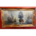 Dion Pears: a large ornate gilt framed modern oil on canvas, depicting a 19th Century Naval