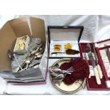 A box containing a quantity of silver plated cased and loose cutlery, etc.