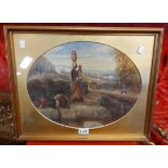 An antique gilt framed and oval slipped watercolour, depicting figures at a well - signed