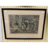 Louis Wain: a vintage framed coloured print entitled 'What Happened to our Christmas Dinner'