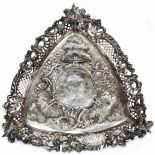 A 28.5cm early 18th Century Britannia silver triangular armourial tray with name 'Through' and oak