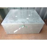 A galvanised metal lift-top box with partitioned interior
