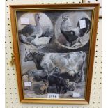 R.H. Moore: a framed old mixed media multi-image study of animals and birds - signed