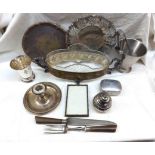 A box containing a quantity of silver plated items including cake basket, table centrepiece dish,