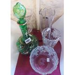 A small quantity of assorted glassware including moulded green decanter with enamel and gilt