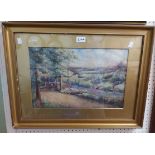 E.L. Hawes: a gilt framed and slipped watercolour, depicting a rural landscape with figure on