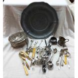 A box containing silver plated and other cutlery, pewter tray, cast metal trinket box, etc.