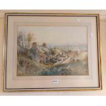 J. Hughes Clayton: a gilt framed watercolour, depicting beachside cottages and figure - signed -