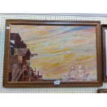 Barnett: a gilt framed oil on board, depicting a sailing vessel and harbour buildings - signed
