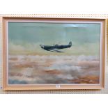 Dion Pears: a vintage framed oil on canvas, depicting a Spitfire in flight - signed - dent to canvas