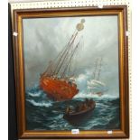 P. Davis: a parcel gilt framed oil on canvas, depicting vessels on stormy seas - signed