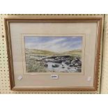 Brian Hayes: a framed watercolour, depicting a Dartmoor view with clapper bridge and stream -