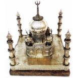 A 28cm old Indian white metal table centrepiece in the form of the Taj Mahal with various plug-in