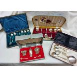 Four cased sets of silver plated cutlery and other items including apostle spoons and condiment set