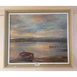 A framed vintage oil on board, depicting a view of the Exmouth shoreline with beached rowing boat in