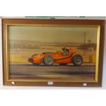 Roy Nockholds: a framed coloured print on canvas, depicting Mike Hawthorn racing in his Ferrari